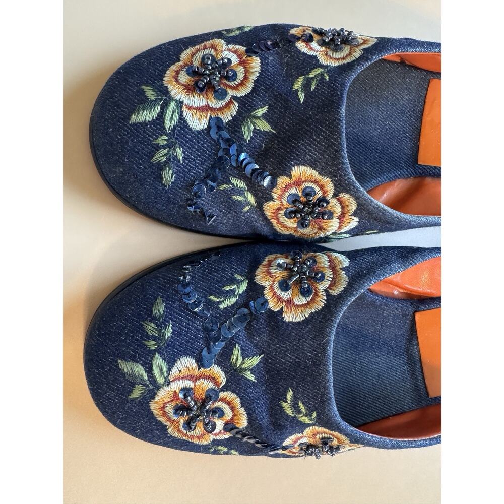 Nine West Y2K Denim Floral Embroidered Sequin Denim Mules Shoes Slip On Size 8 - Picture 2 of 9